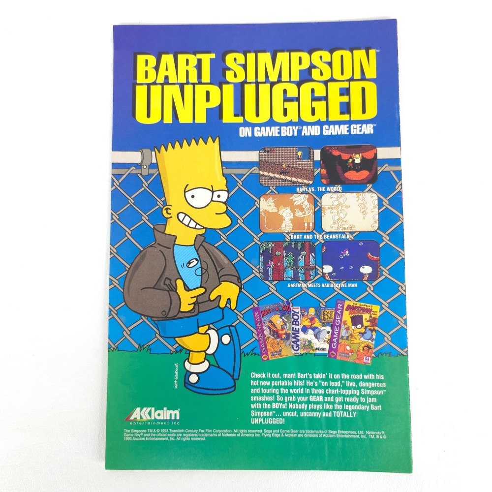 Vintage Bart Simpson Unplugged Print Ad Acclaim 1990s Game Boy Game Gear Poster